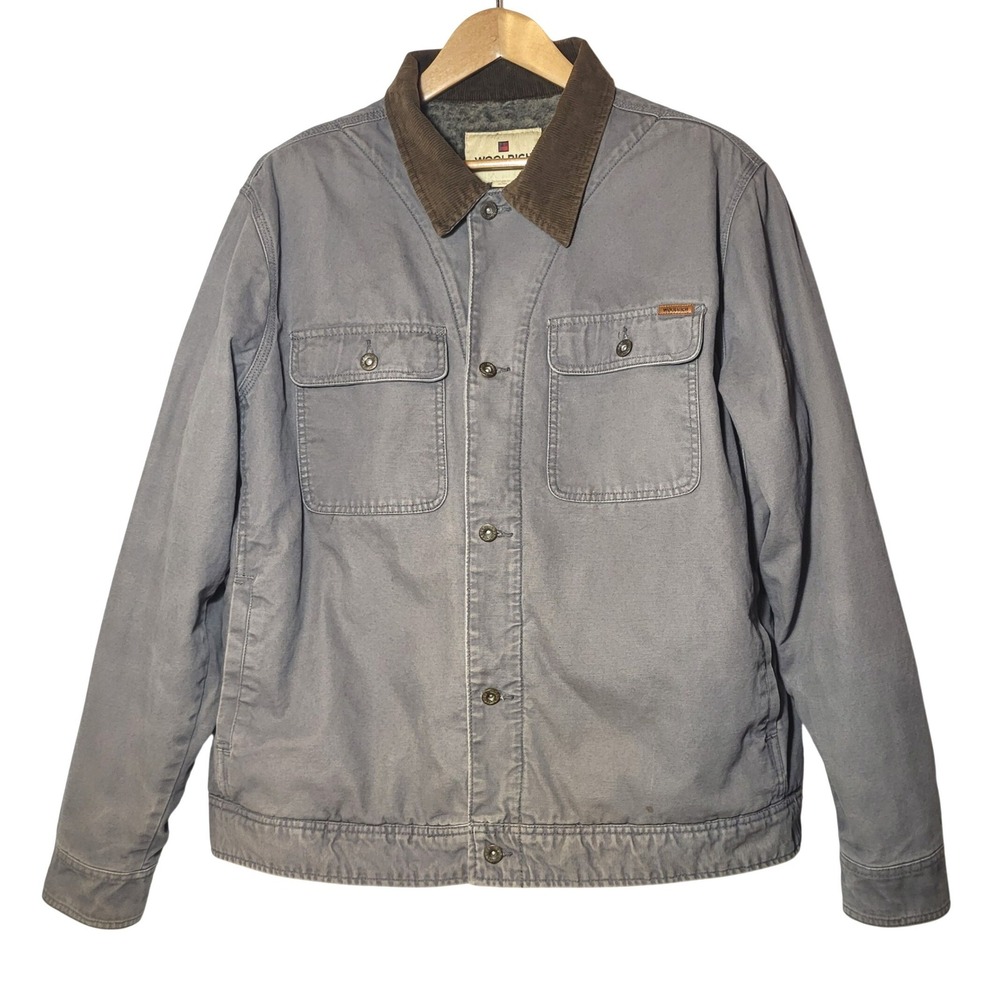 Woolrich Mens Grey Canvas Sherpa Lined Chore Coat Corduroy Collar Barn Rugged XL